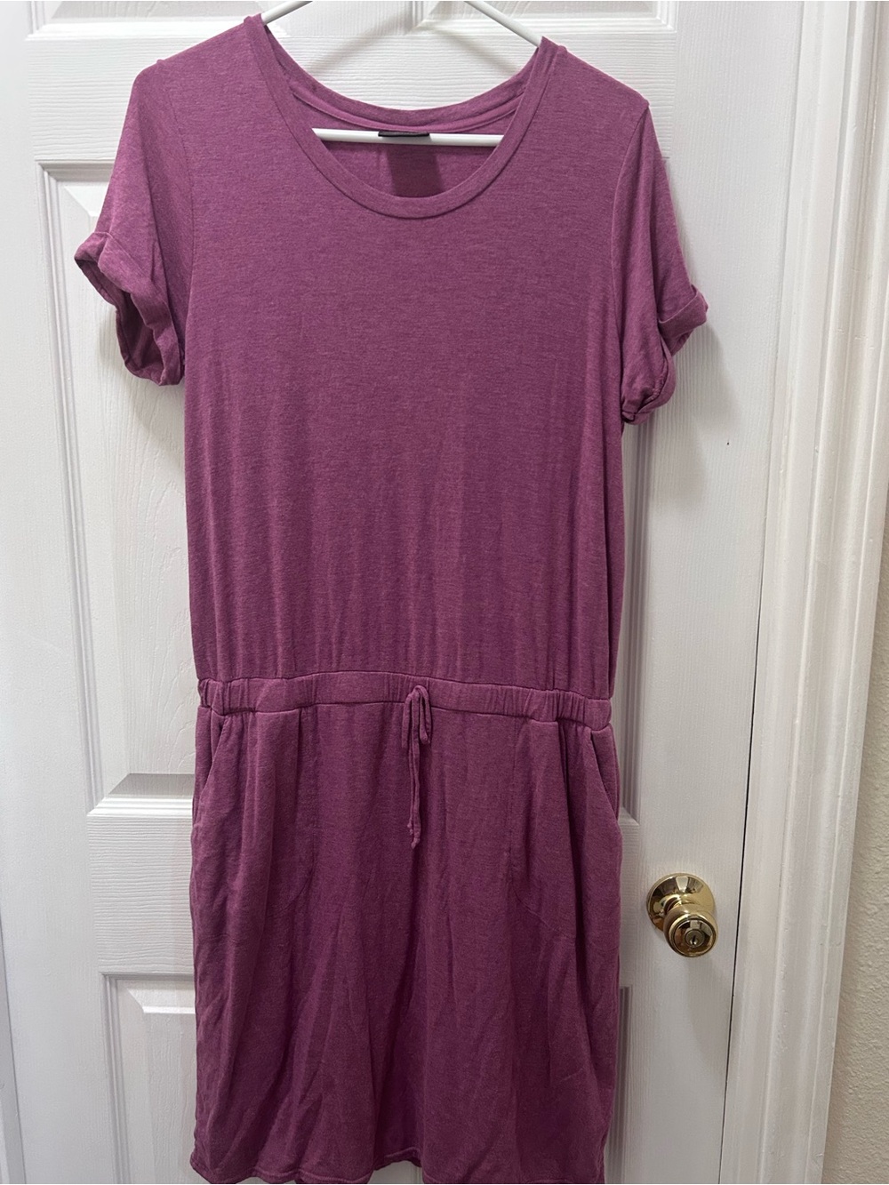 Everyday Short Sleeve Drawstring Waist Dress - Mauve Pink L